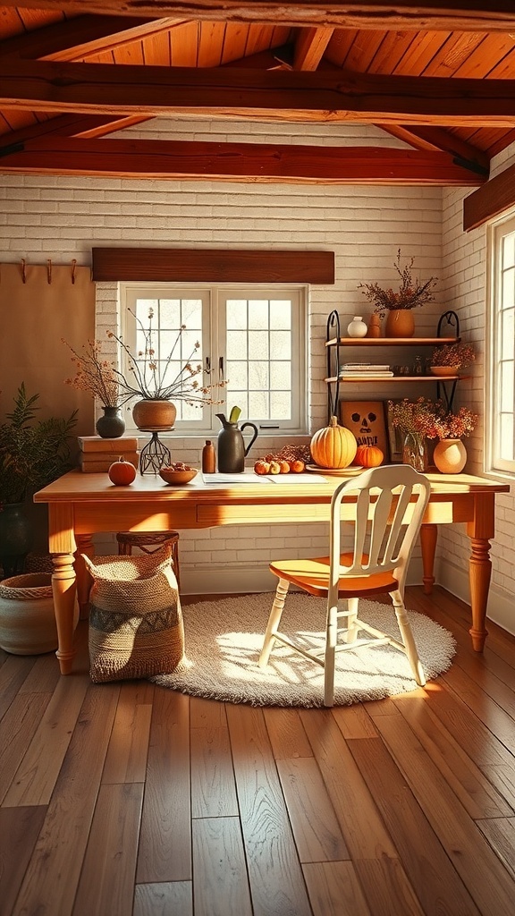 A cozy home office with a wooden desk, white brick wall, and warm brown accents.