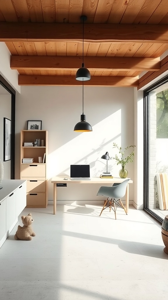 A bright and airy home office with wooden beams, a desk, and large windows.