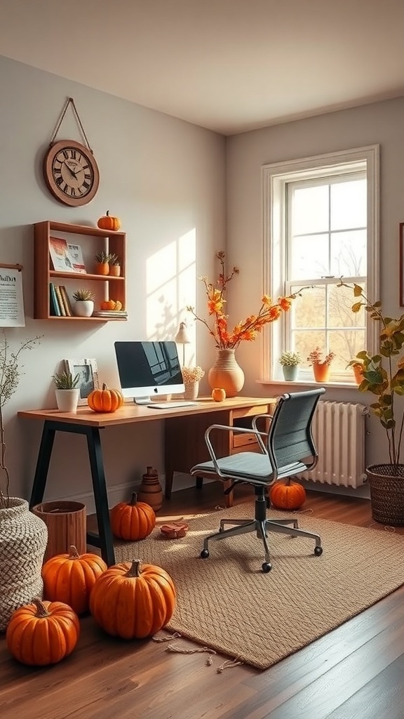 A cozy minimalist workspace decorated with pumpkins and autumn elements.