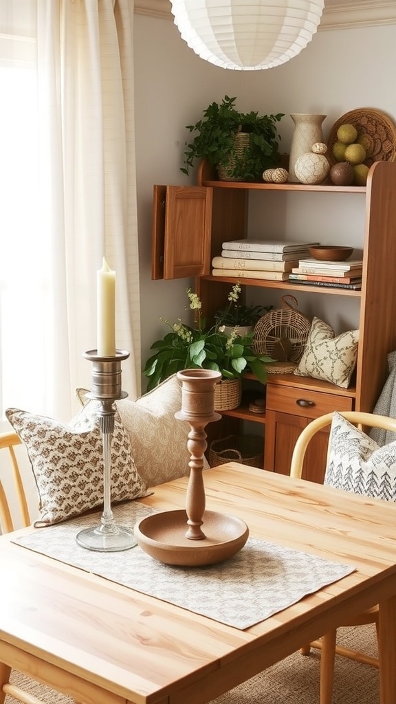 Cozy home office with fall decor, featuring a white desk, colorful cushions, and pumpkins.
