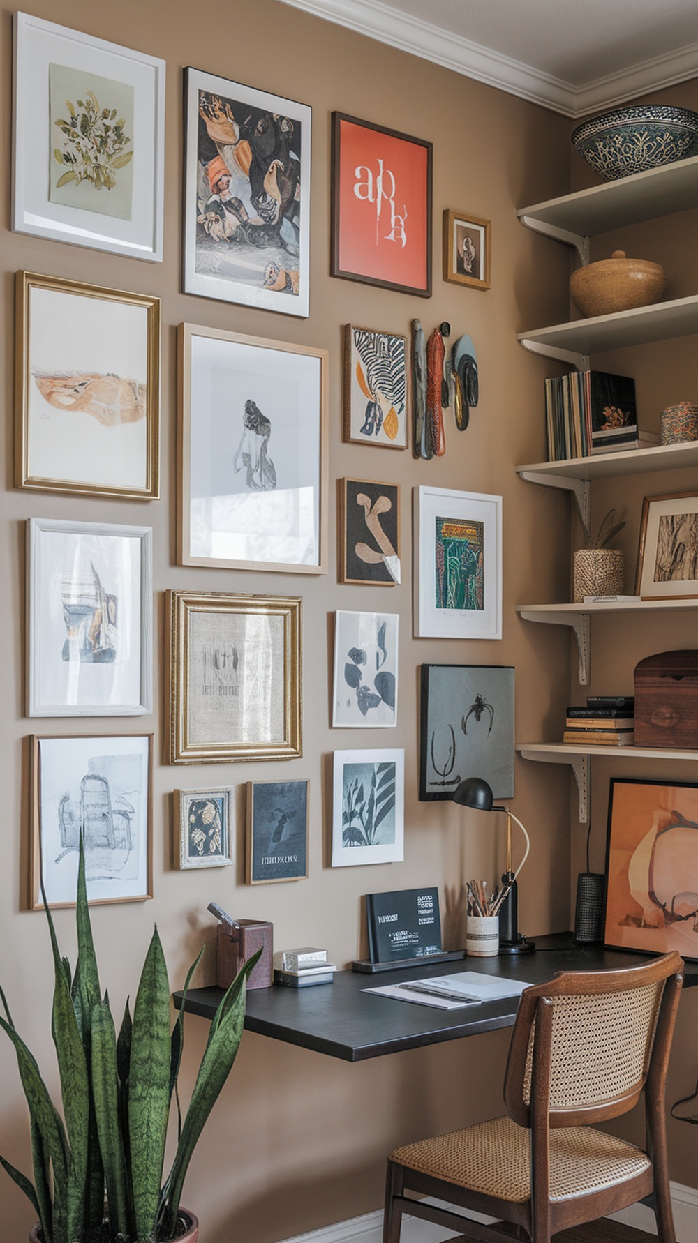 Gallery wall of art prints in a home office, featuring various framed artworks and a stylish desk.