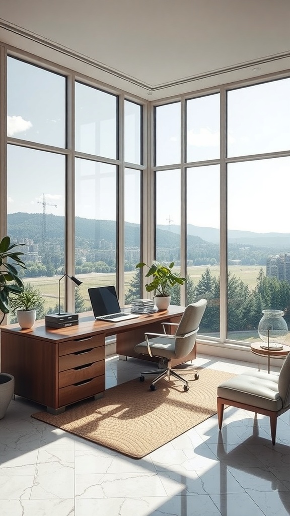 A modern office space with large windows, a wooden desk, and a comfortable chair, featuring plants and a beautiful view.