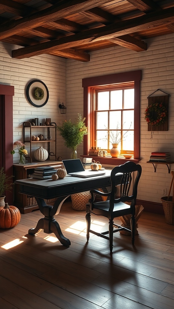 A cozy home office featuring a dark wooden desk, burgundy accents, and natural decor.