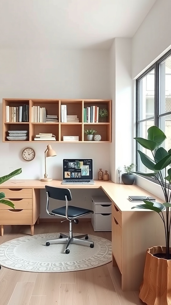A minimalist home office with wooden furniture, organized shelves, and a modern desk setup.