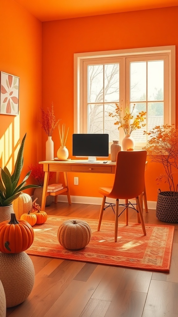 A vibrant home office with orange walls, a desk, and decorative pumpkins.