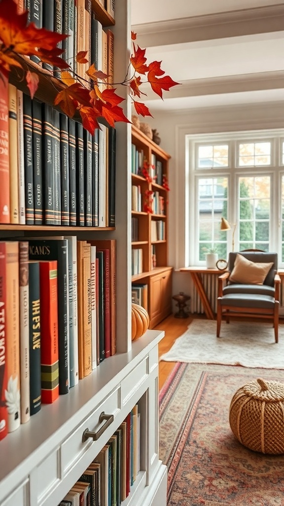 A cozy workspace featuring a desk with books, pumpkins, and fall decor.