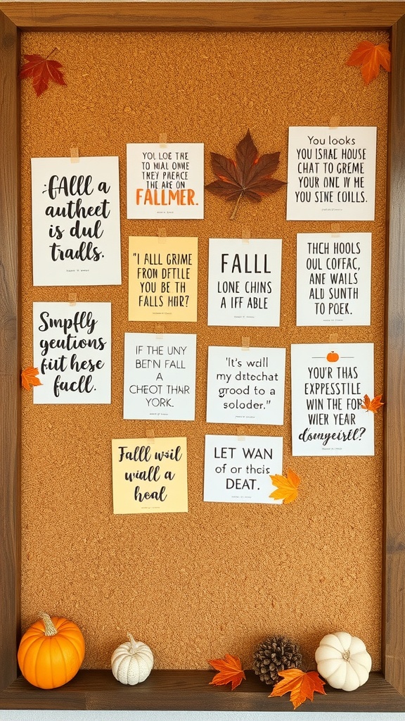 Cork board decorated with fall quotes and autumn leaves