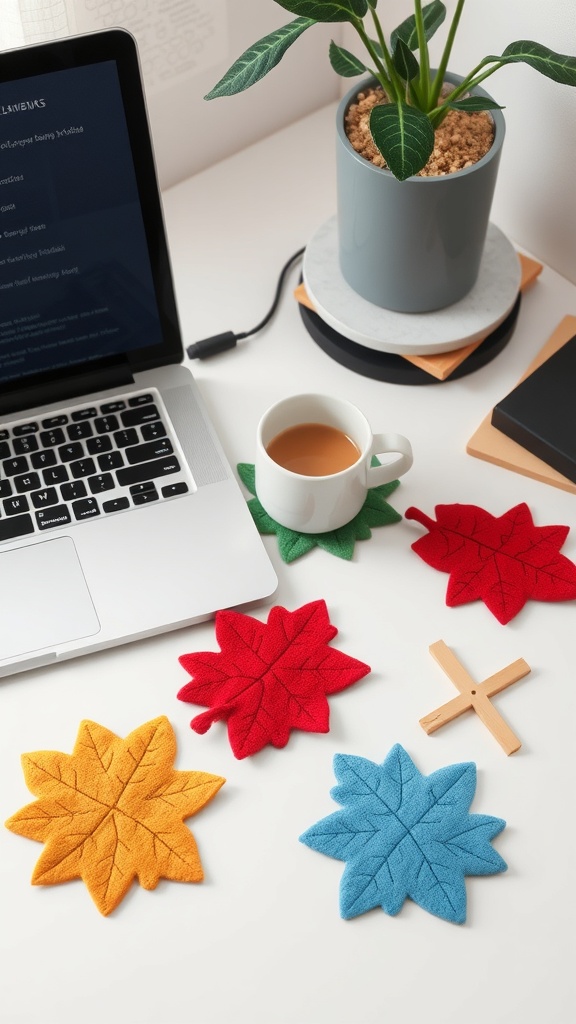 Colorful felt leaf coasters on a desk with a laptop and a cup of coffee.