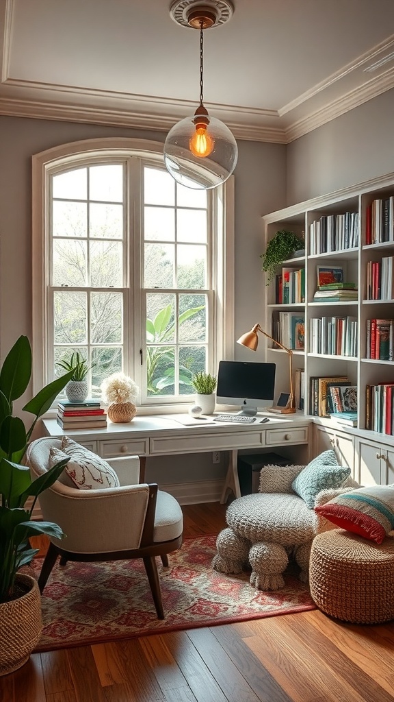A cozy reading nook office featuring a comfortable sofa, bookshelves filled with books, and a stylish side table.