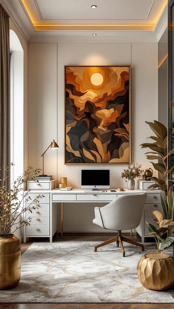 A cozy home office featuring amber gold highlights with autumn decor, including pumpkins and warm-toned furniture.