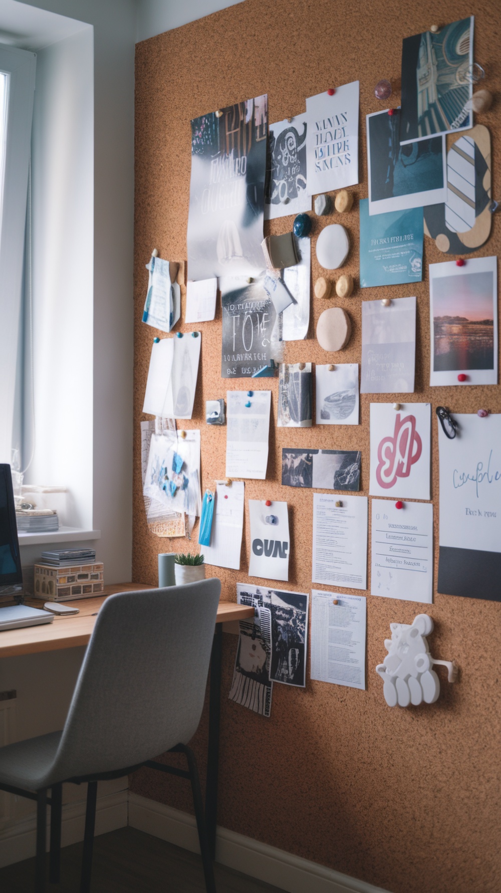 A corkboard wall filled with notes, photos, and designs in a home office setting.