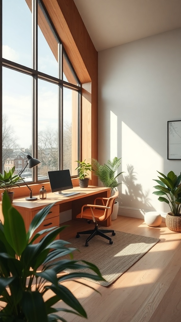 A bright and modern home office with large windows, wooden furniture, and indoor plants.