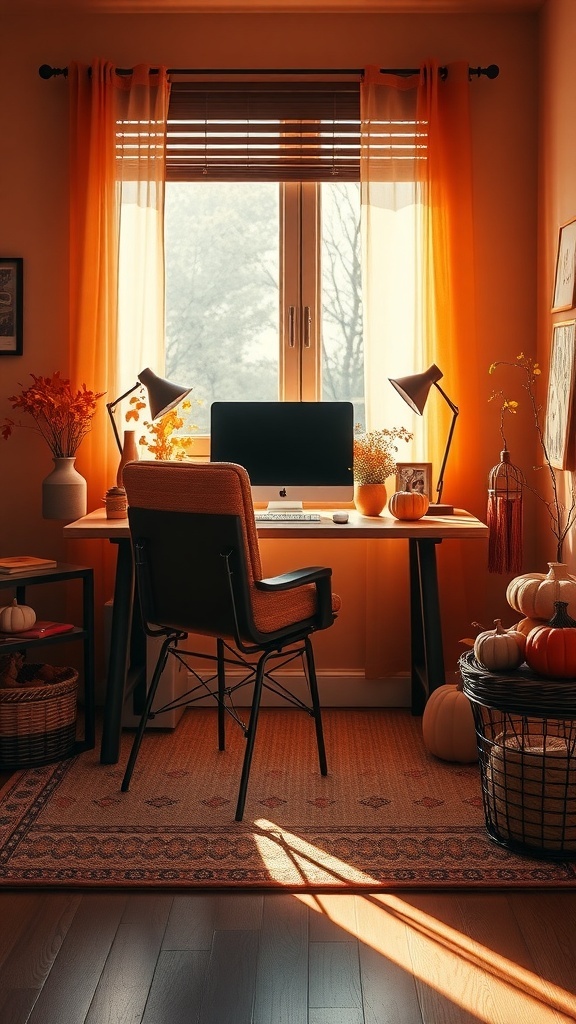 Cozy home office with orange curtains, pumpkins, and warm lighting