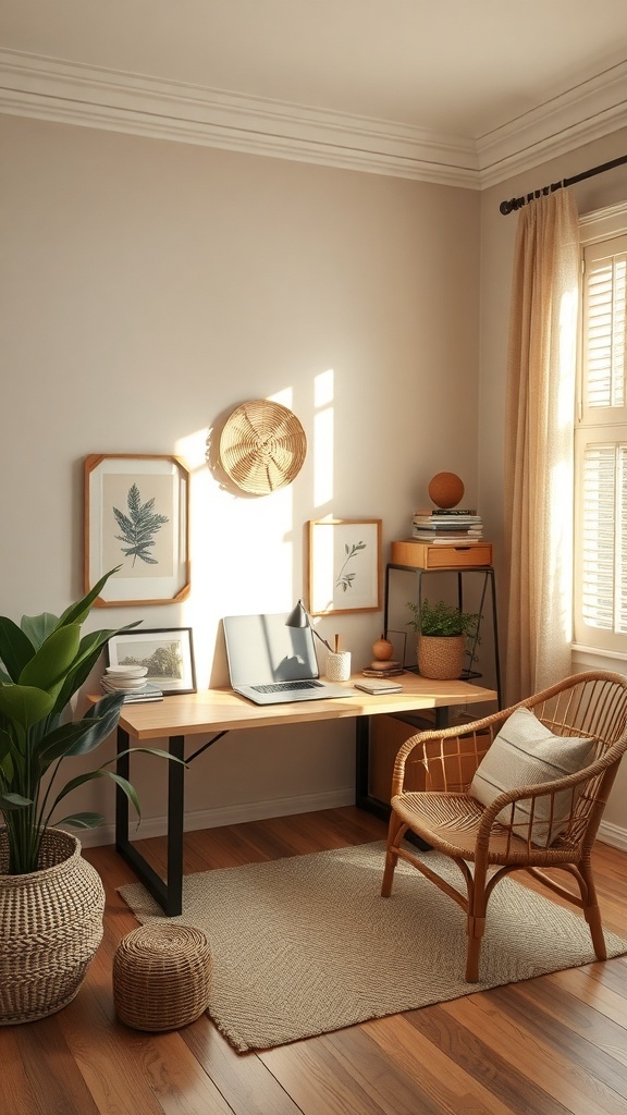 A cozy home office featuring beige walls, a wooden desk, rattan chair, and natural decor.
