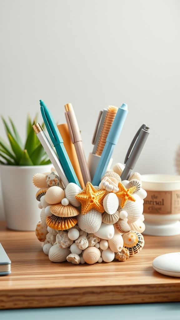 A DIY seashell desk organizer filled with pens and surrounded by a small plant.