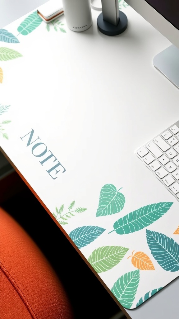 A tropical-themed desk mat with colorful leaves and the word 'NOTE' on a desk with a computer and keyboard.