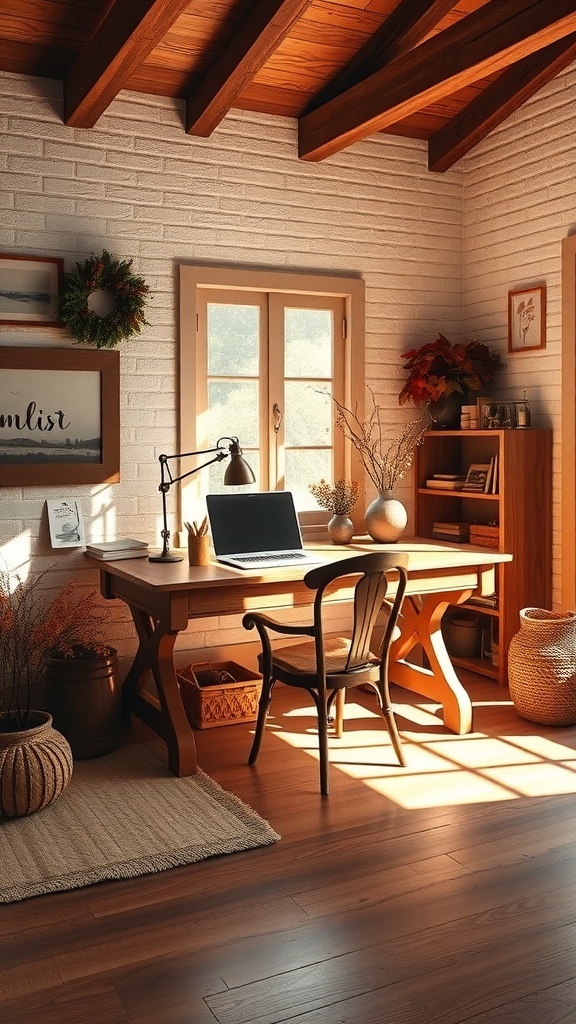 A modern minimalist home office with brown accents, featuring a wooden desk, chair, and natural decor.