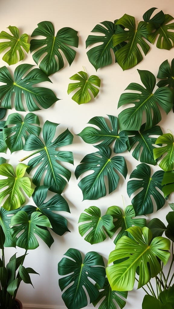 A wall decorated with various tropical leaves in shades of green.