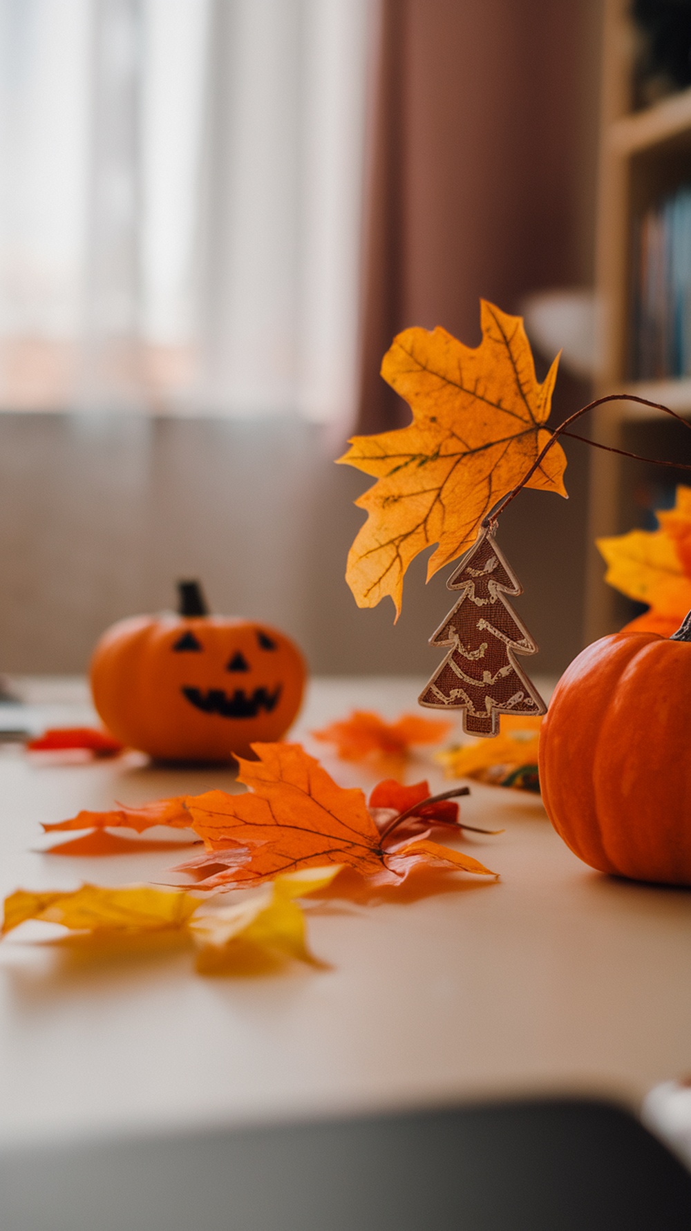 A cozy home office desk decorated for the season with a wreath, orange leaves, and festive ornaments.