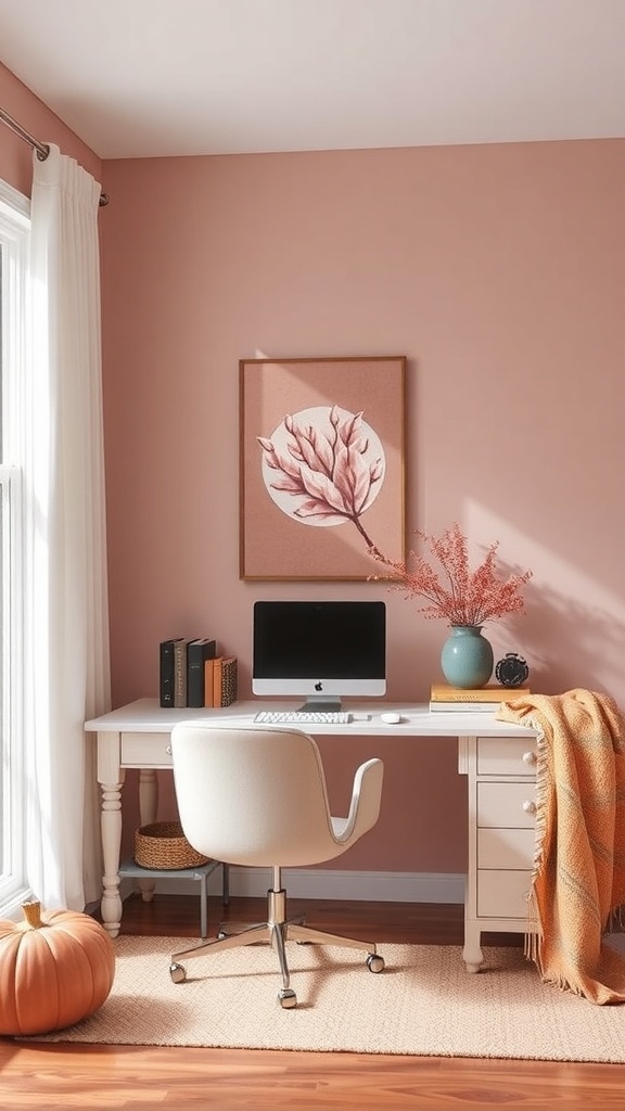 A cozy home office featuring dusty rose walls, a white desk, and warm autumn decor.