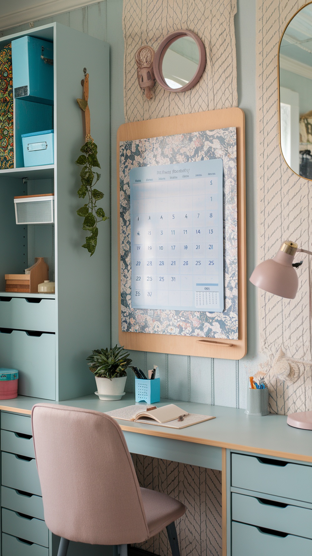 A feminine home office featuring an interactive wall calendar with a floral design, a desk, and stylish decor.