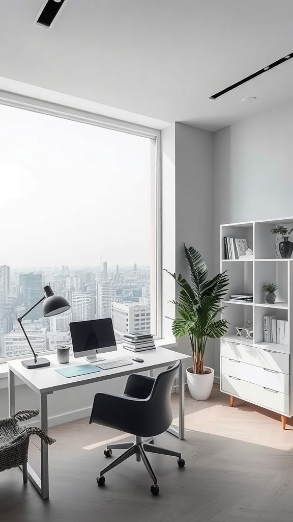 A modern minimalist home office with a large window, desk, chair, and plant.