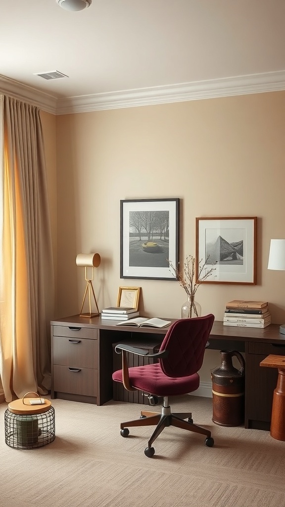 A cozy home office featuring beige walls, a soft plum chair, and dark wood furniture.