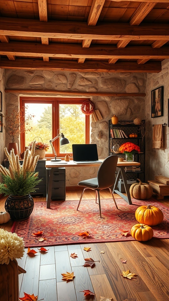 A cozy home office decorated for fall with plants, pumpkins, and autumn leaves.