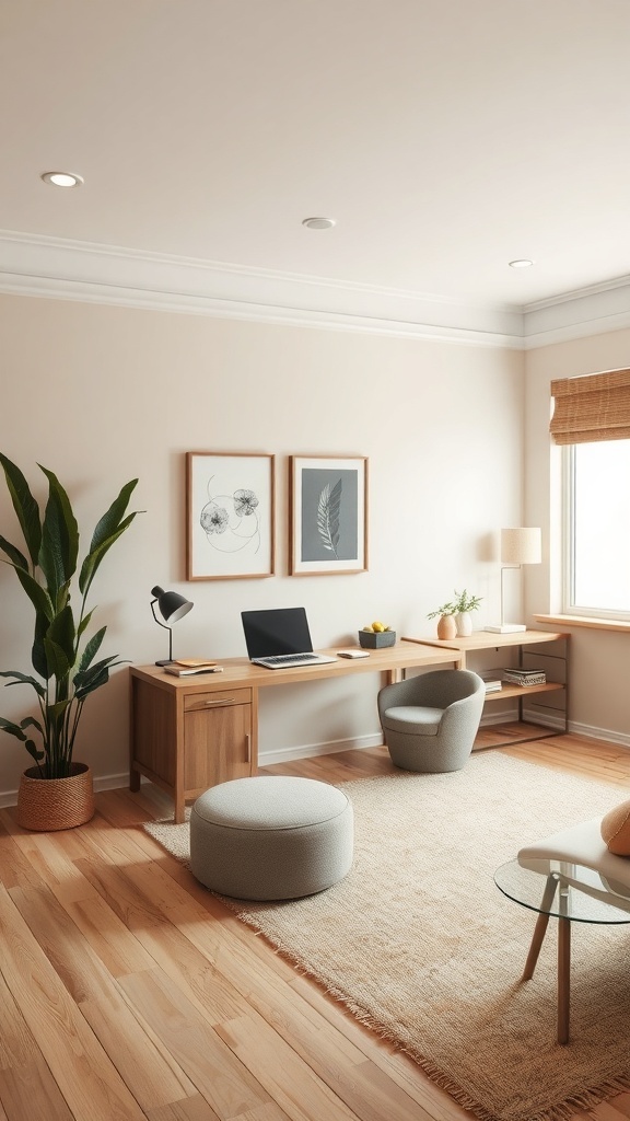 A cozy home office featuring beige and warm gray tones with comfortable furniture and natural elements.