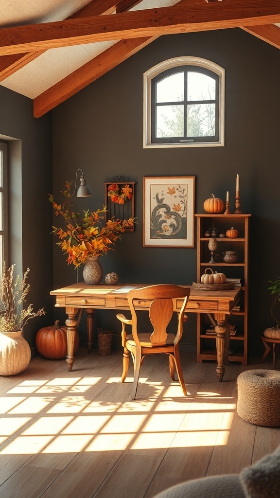 A cozy home office with charcoal walls and wooden furniture, featuring autumn decorations.