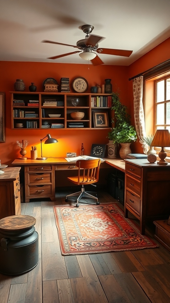 A cozy rustic home office with wooden walls, a desk, and orange decor elements.