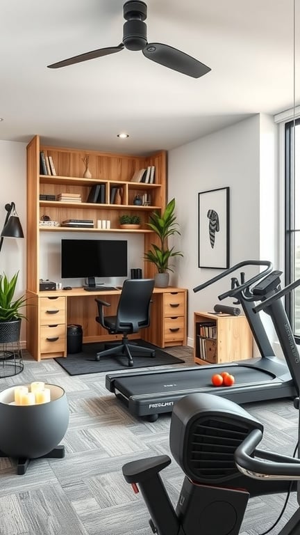 A modern office fitness facility with gym equipment and bright decor.