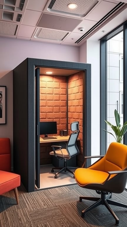 A modern soundproof phone booth in an office setting with a desk, chair, and warm lighting.