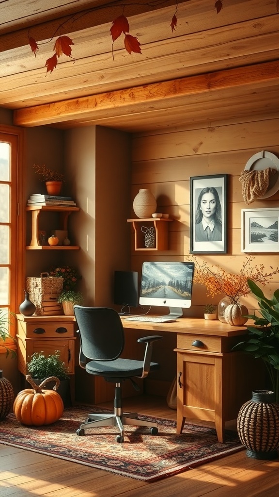 Cozy home office with warm wood tones, featuring a desk, computer, and autumn decor.