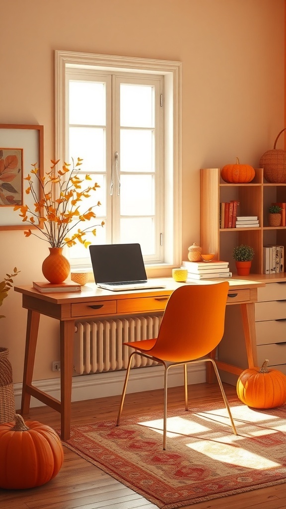 A cozy home office with soft orange walls, a wooden desk, an orange chair, and decorative pumpkins.