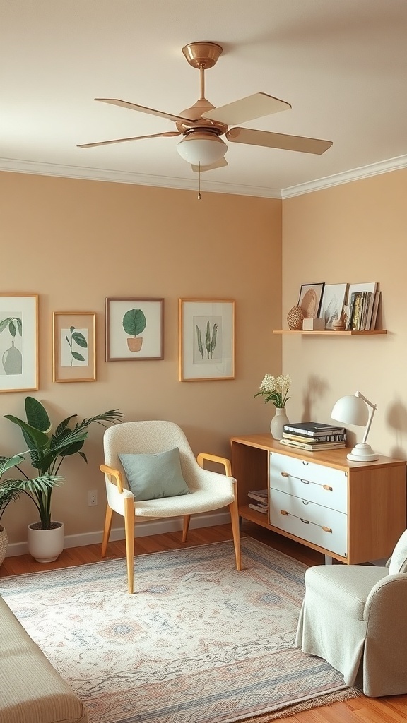 A cozy home office with warm beige walls, soft pastel accents, and stylish furniture.