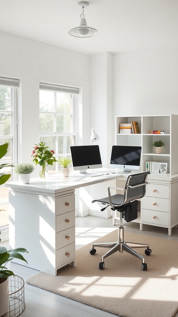 Modern L shaped desk with a white finish in a bright office space