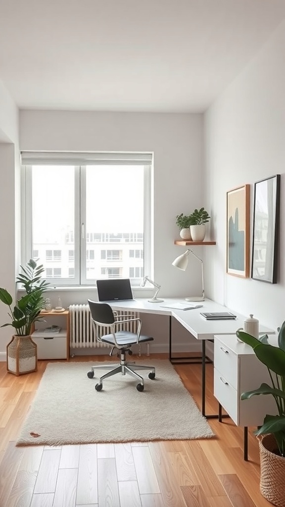 A modern minimalist home office featuring a desk, chair, plants, and artwork.