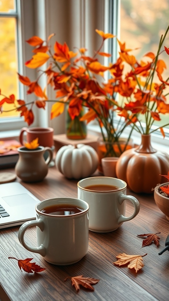 A cozy workspace with two mugs of tea or coffee, surrounded by autumn leaves and decorative pumpkins.