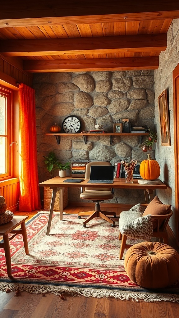 Cozy home office decorated for fall with orange curtains, a pumpkin, and a patterned rug.