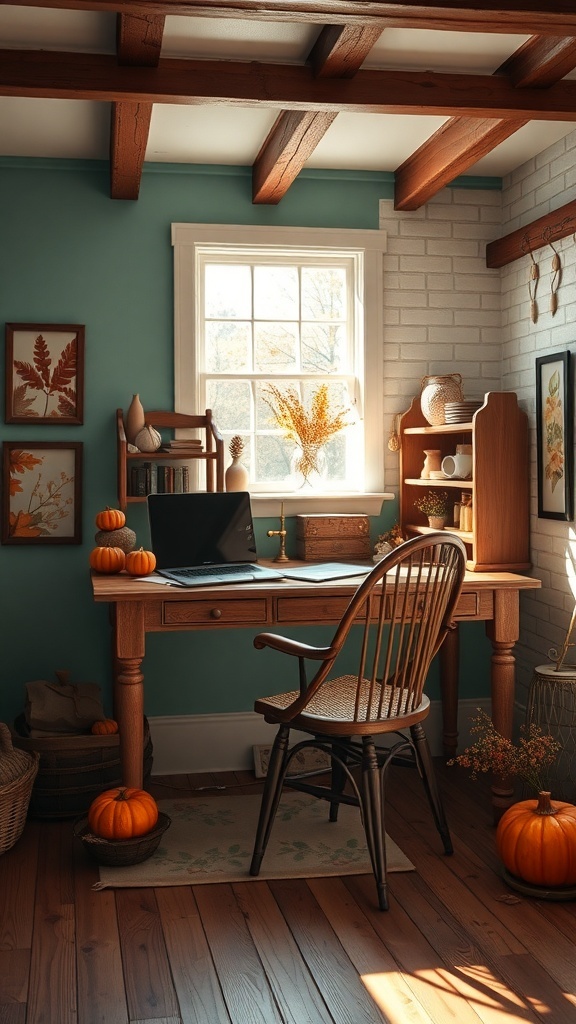 A cozy home office featuring muted teal walls and brown furniture, with pumpkins and plants for decoration.
