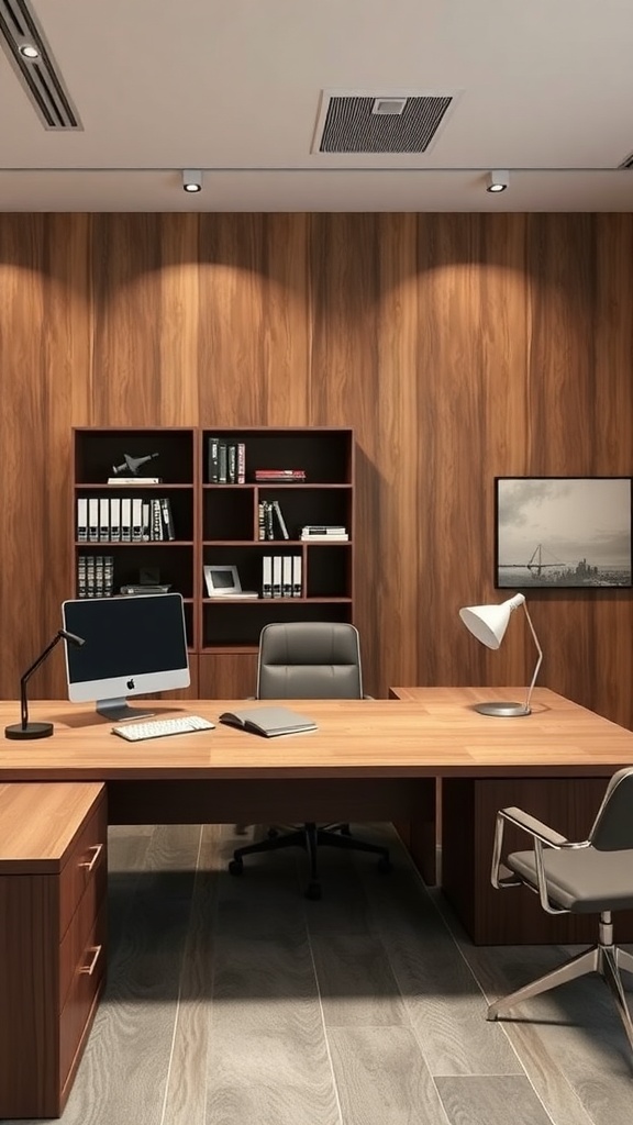 A modern l shaped executive desk with hidden compartments in a stylish office setting.