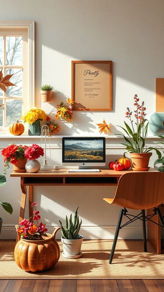 A cozy desk with plants and autumn decorations, showcasing a creative workspace.