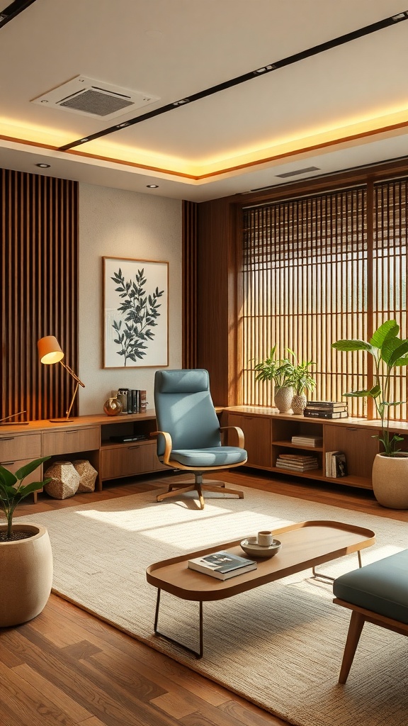 A chic home office with Asian design elements, featuring a wooden desk, plants, and shoji screens.