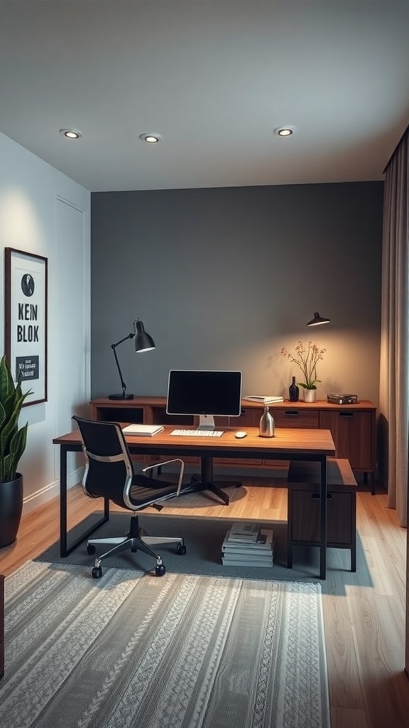 A compact executive desk in a small office setting, featuring a modern design with a computer, lamp, and decorative elements.