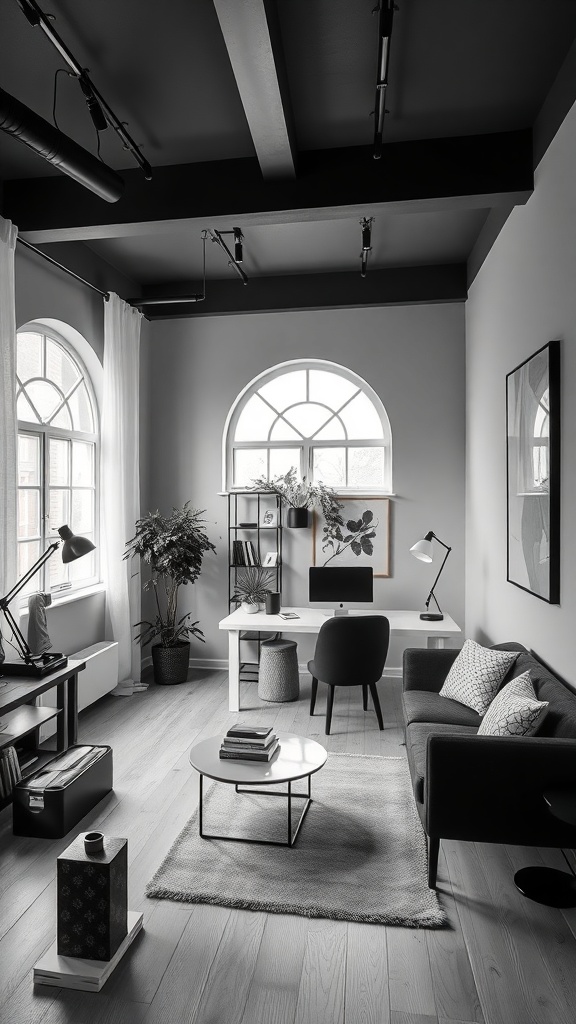 A sophisticated black and white home office featuring modern furniture, large windows, and plants.