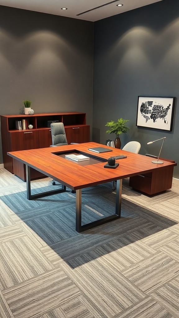 Modern l shaped desk with a sleek metal base in an executive office setting.