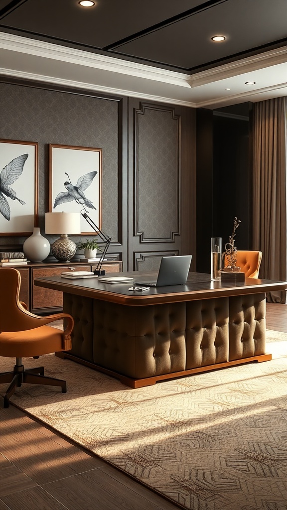 An elegant upholstered L shaped executive desk in a sophisticated office setting.