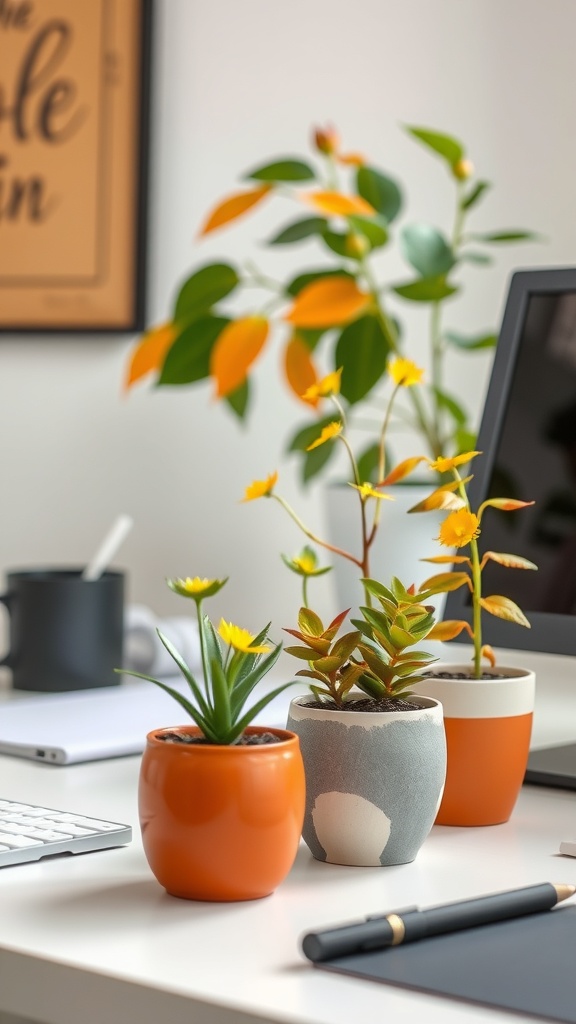 A bright and cheerful desk setup featuring small potted plants in orange and gray pots, with a computer and stationery in the background.