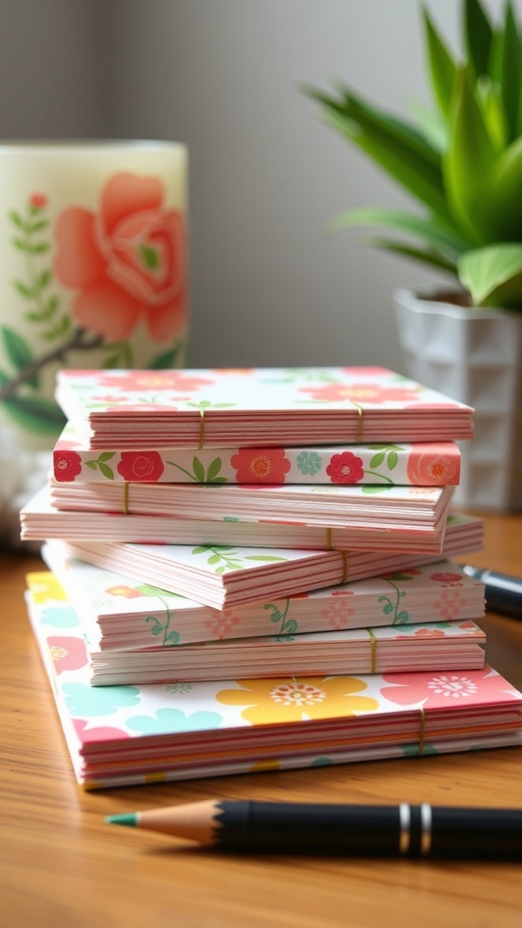 A stack of colorful handcrafted notepads with floral designs, placed on a desk with a pen and a plant.